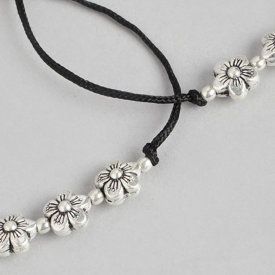 Triple Floral Rhodium Plated 925 Sterling Silver Tread Anklet