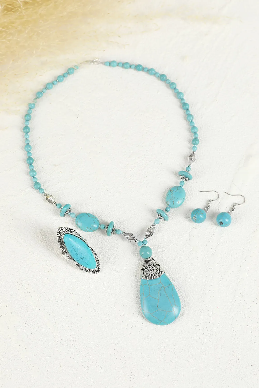 Turquoise Beading Necklace Earring and Ring Set