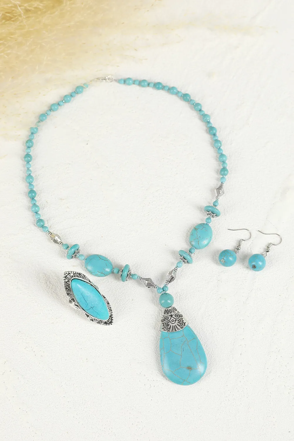 Turquoise Beading Necklace Earring and Ring Set