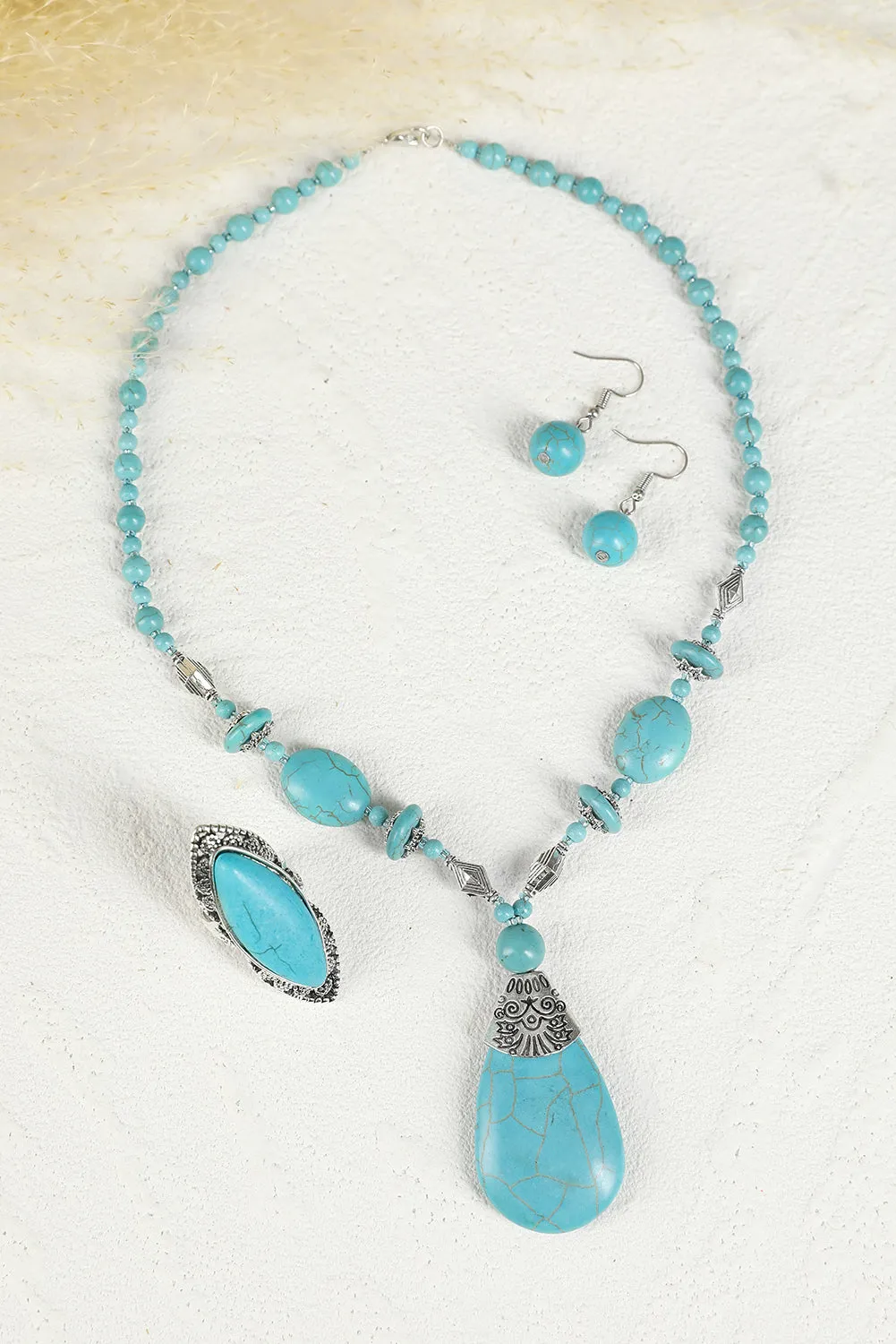 Turquoise Beading Necklace Earring and Ring Set