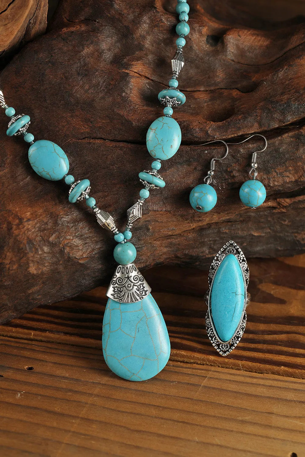 Turquoise Beading Necklace Earring and Ring Set