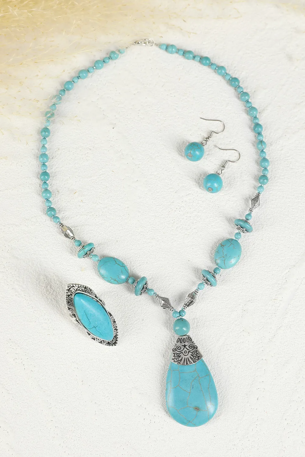 Turquoise Beading Necklace Earring and Ring Set