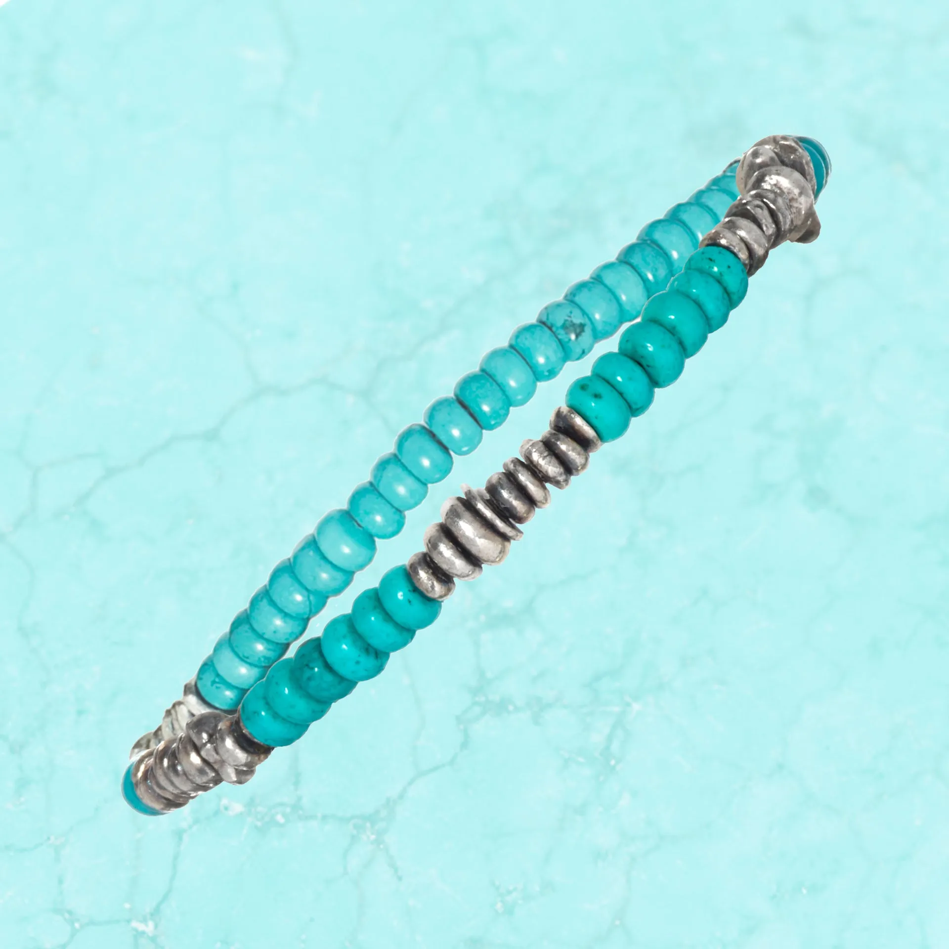 Turquoise Bracelet with Silver Tone Shell Beads on Elastic