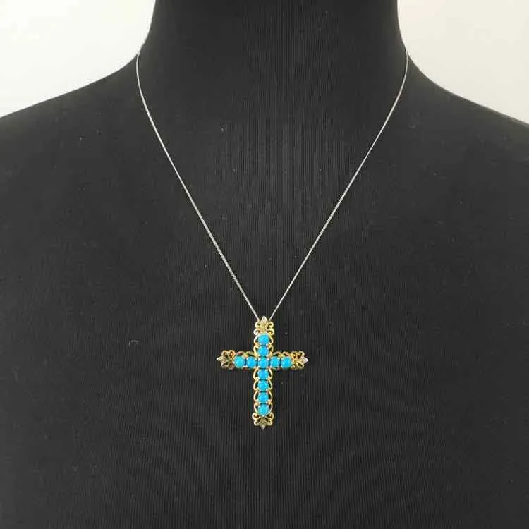 Turquoise/silver Metal Cross Necklace, Sterling