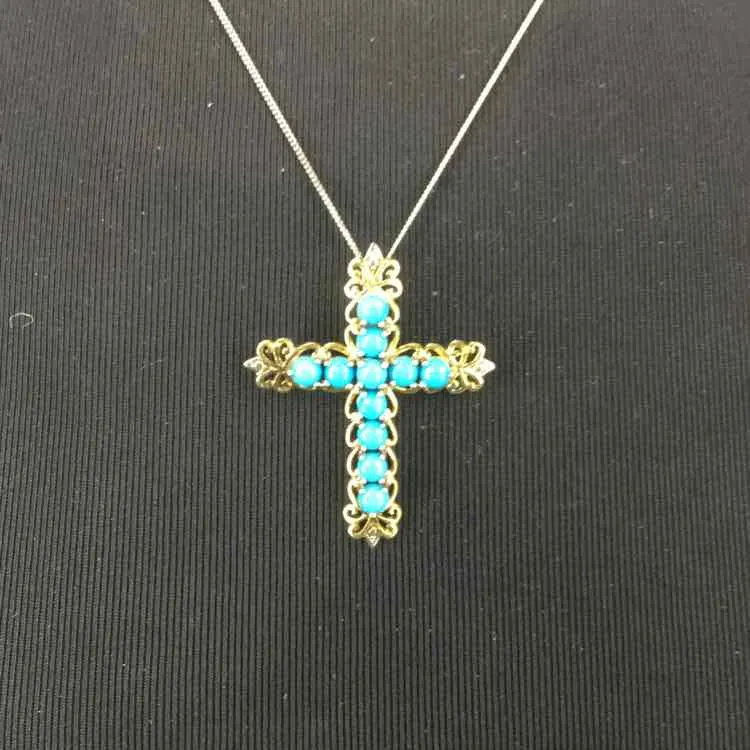 Turquoise/silver Metal Cross Necklace, Sterling