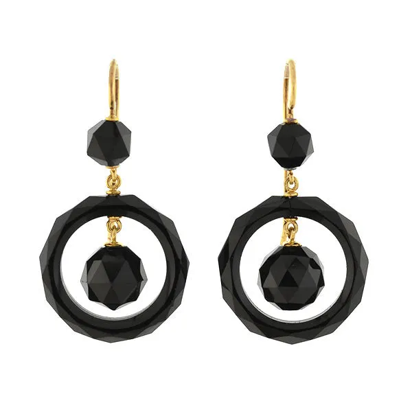 Victorian 14kt Faceted Onyx Ball   Ring Earrings