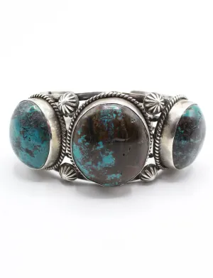 Vintage 70's Bisbee Blue Triple Stone Turquoise Cuff Sterling Silver Engraved