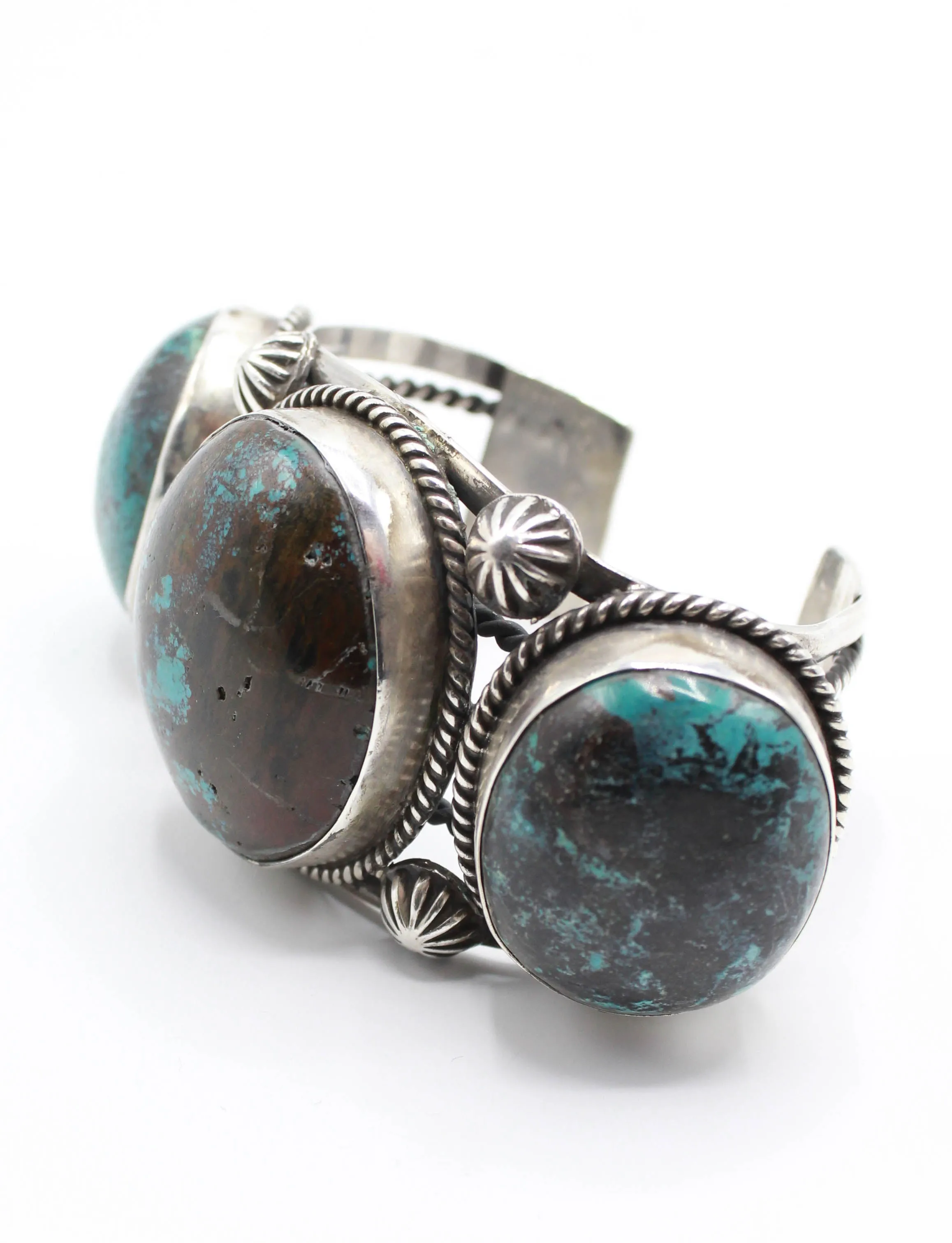 Vintage 70's Bisbee Blue Triple Stone Turquoise Cuff Sterling Silver Engraved