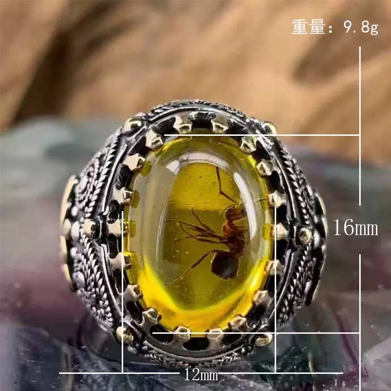 Vintage Big Oval Men Retro Inlaid Yellow Red Zircon Ant Ring