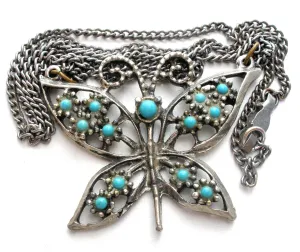 Vintage Butterfly Blue Turquoise Necklace 19"