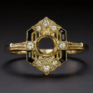 VINTAGE STYLE ONYX DIAMOND RING SETTING 14K GOLD SEMI MOUNT COCKTAIL ART DECO