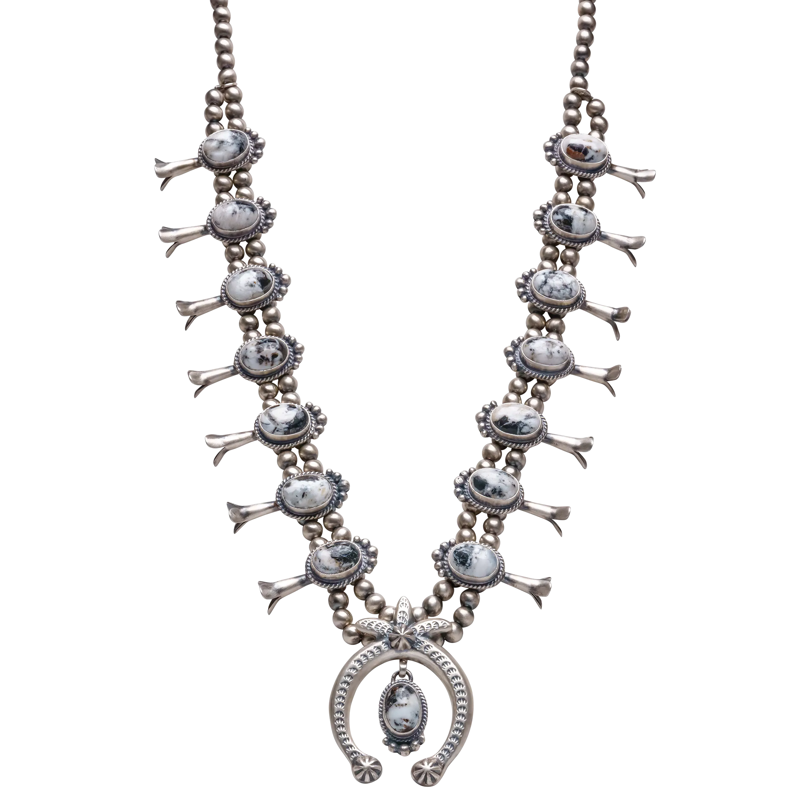 White Buffalo Turquoise Squash Blossom Necklace | Francisco