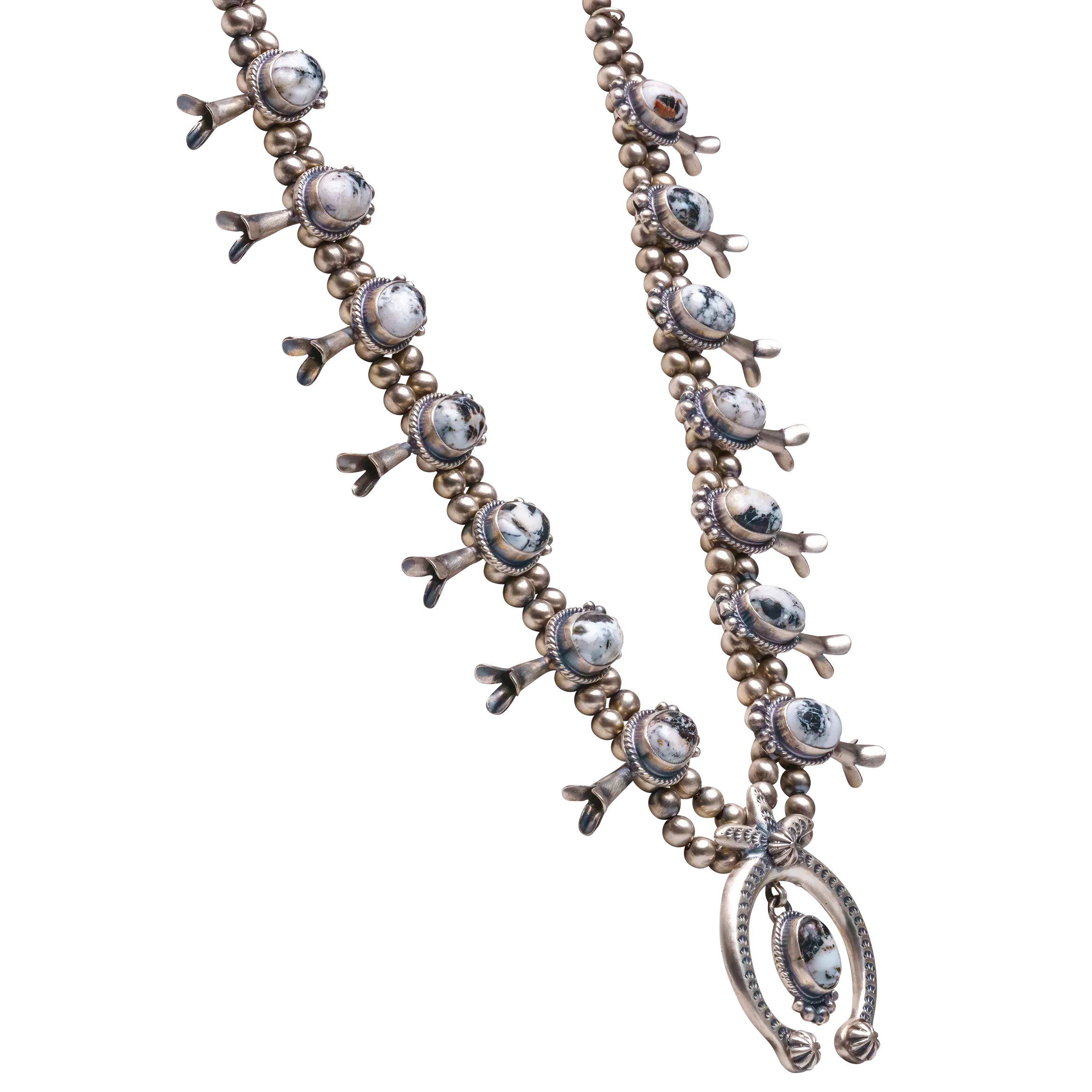 White Buffalo Turquoise Squash Blossom Necklace | Francisco