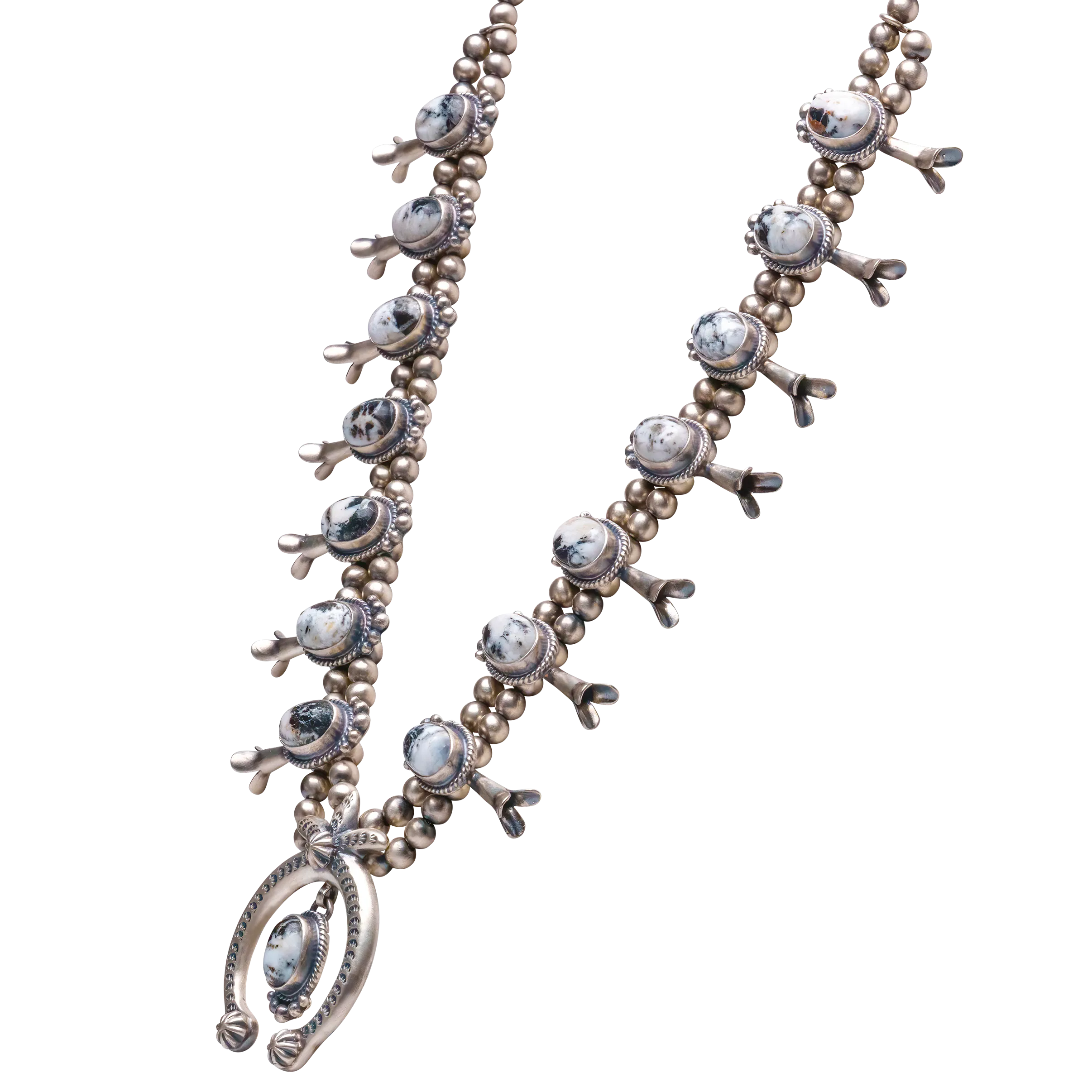 White Buffalo Turquoise Squash Blossom Necklace | Francisco