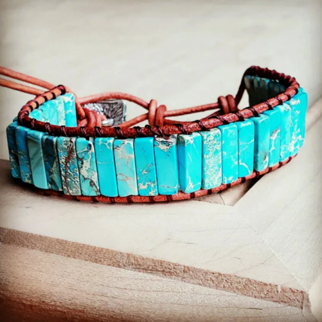 Woven Regalite Stacked Stone Bracelet-Turquoise