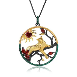 Year Of The Tiger- 1.64 Ct Natural Red Garnet Leopard on the Tree Necklace